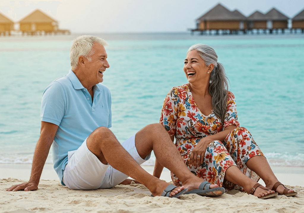 Dos jubilados disfrutando de la playa, relajados, gracias a su plan de jubilación bien gestionado. (Servicios Plan de Jubilación)