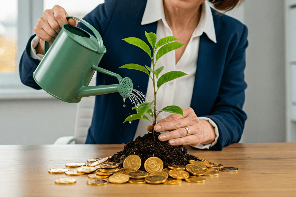 Asesora financiera regando una planta con monedas, simbolizando el crecimiento financiero y la inversión. (Servicios de Inversión)